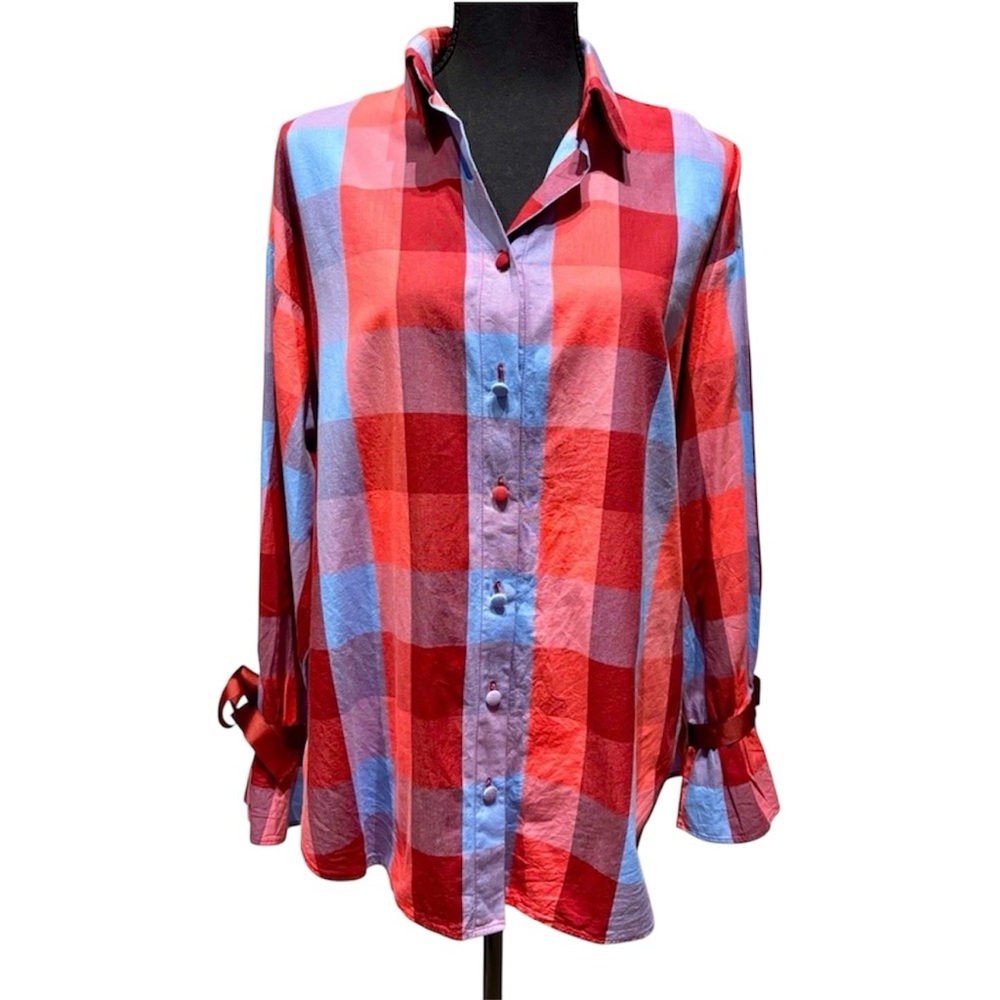 Lemaler Red Plaid Checkered Blue Tie Long Sleeve Button Up Blouse Spring Top